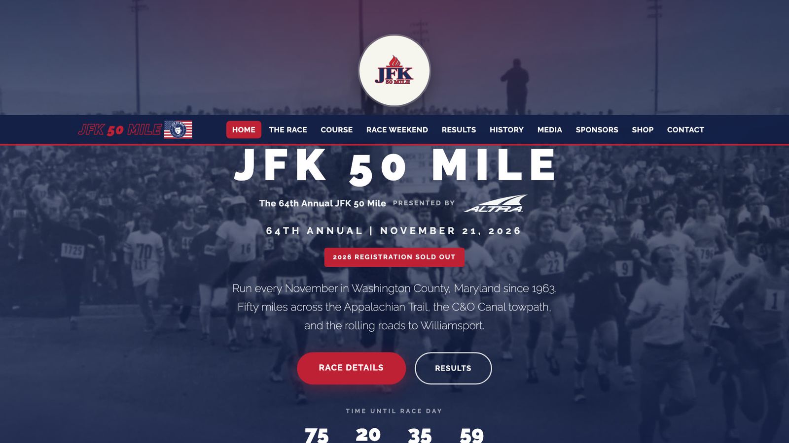 The JFK 50 Mile website homepage